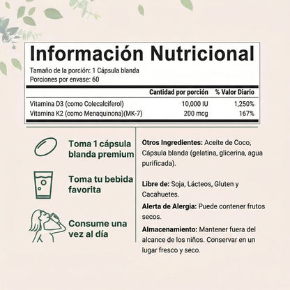 Vitamina D3+K2 Complex | Revitaliza tu Cuerpo (Suministro para 3 Meses 90und)