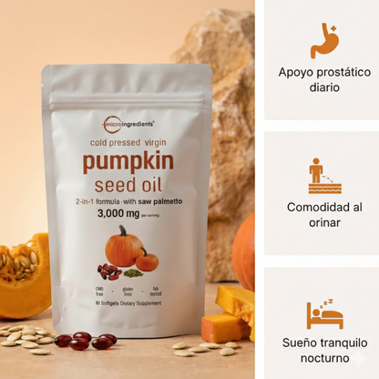 Pumpkin Seed Oil Microingredients®  3000 mg + Saw Palmetto Fórmula pensada para próstata y cabello saludable
