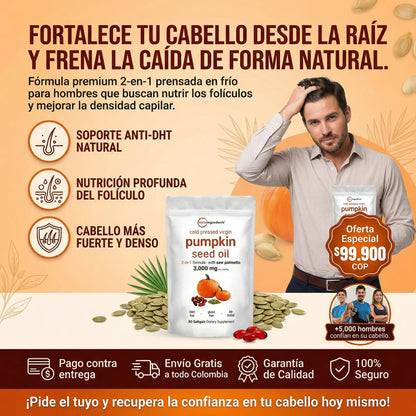 Pumpkin Seed Oil Microingredients®  3000 mg + Saw Palmetto Fórmula pensada para próstata y cabello saludable