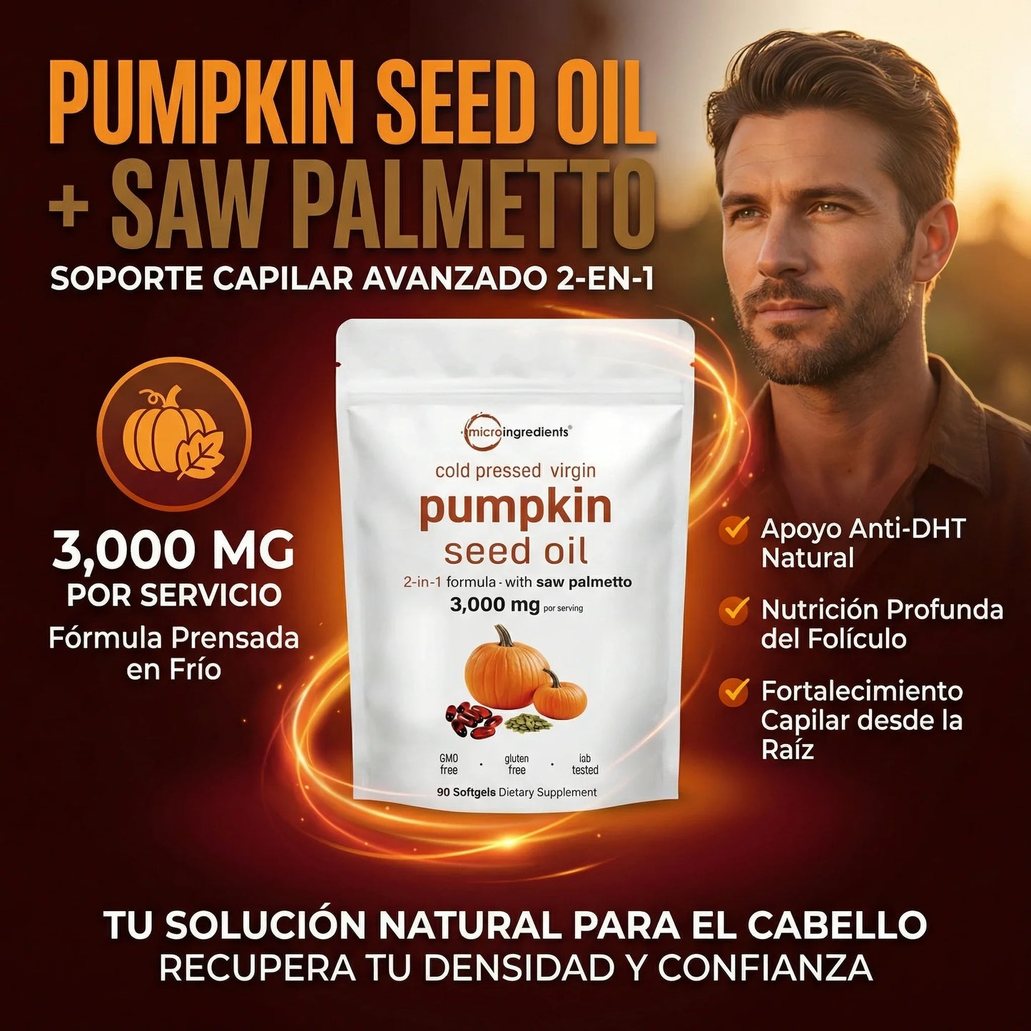 Pumpkin Seed Oil Microingredients®  3000 mg + Saw Palmetto Fórmula pensada para próstata y cabello saludable